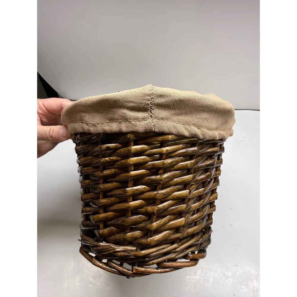 Dark Brown Wicker Storage Basket with Removable Tan Fabric Liner Oval Handwoven
